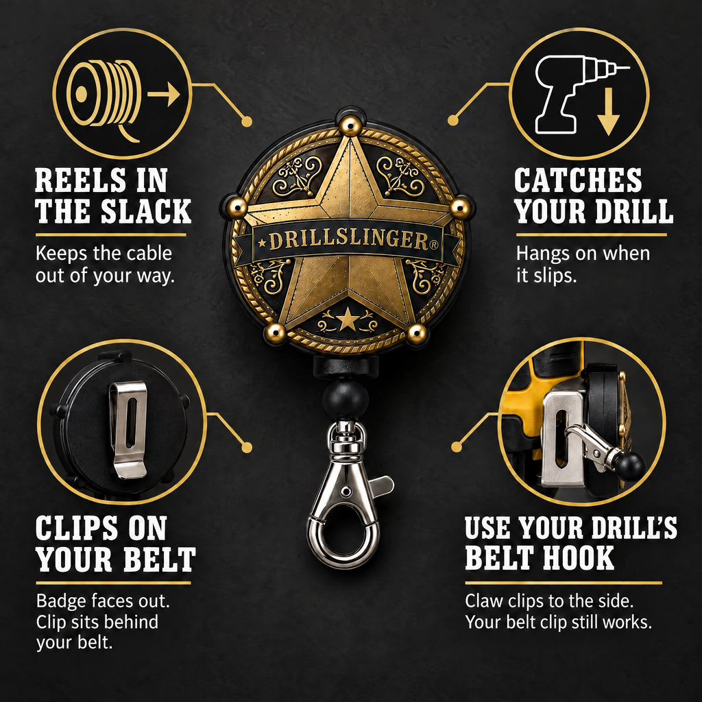 Reels in the slack, catches your drill, clips on your belt, uses your drill's own belt hook