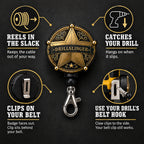 Reels in the slack, catches your drill, clips on your belt, uses your drill's own belt hook