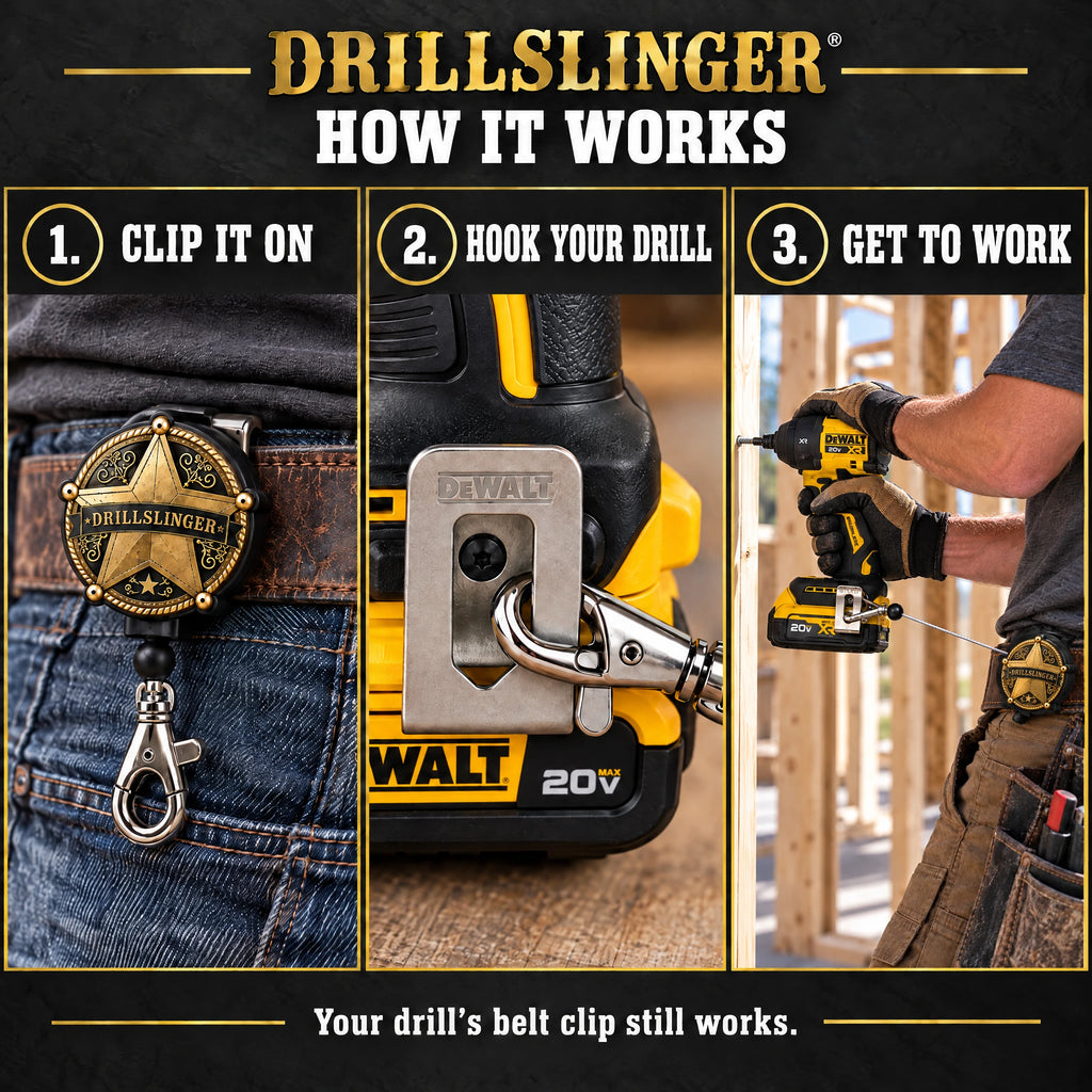 How it works: clip it on your belt, hook your drill, get to work
