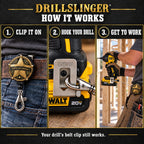 How it works: clip it on your belt, hook your drill, get to work