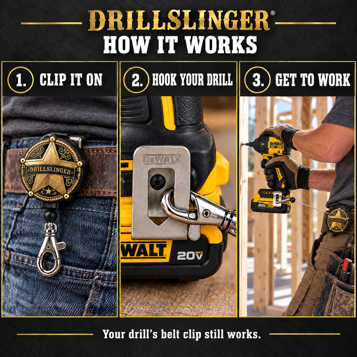 How it works: clip it on your belt, hook your drill, get to work
