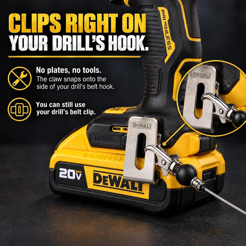 Chrome hook clips onto the side of your drill's own belt hook. No plates, no tools. You can still use your drill's belt clip.